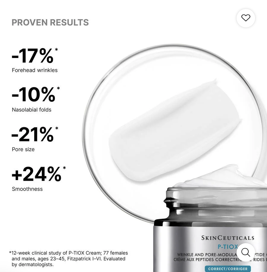 Screenshot 2026-06-18 at 10.47.30 AM - SkinScience Product shot of Skinceuticals P-TIX cream with metrics: forehead wrinkles -17%, nasolabial folds -10%, pore size -21%, smoothness +24%. - SkinScience