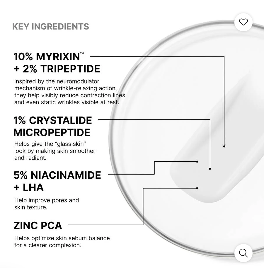 Screenshot 2026-06-18 at 10.47.36 AM - SkinScience Infographic of skincare ingredients: 10% MYRIXIN and 2% TRIPEPTIDE; 1% CRYSTALIDE MICROPEPTIDE; 5% NIACINAMIDE + LHA; ZINC PCA, with brief notes on wrinkle reduction, smoother texture, and balanced pores, all pointing to a circular jar. - SkinScience