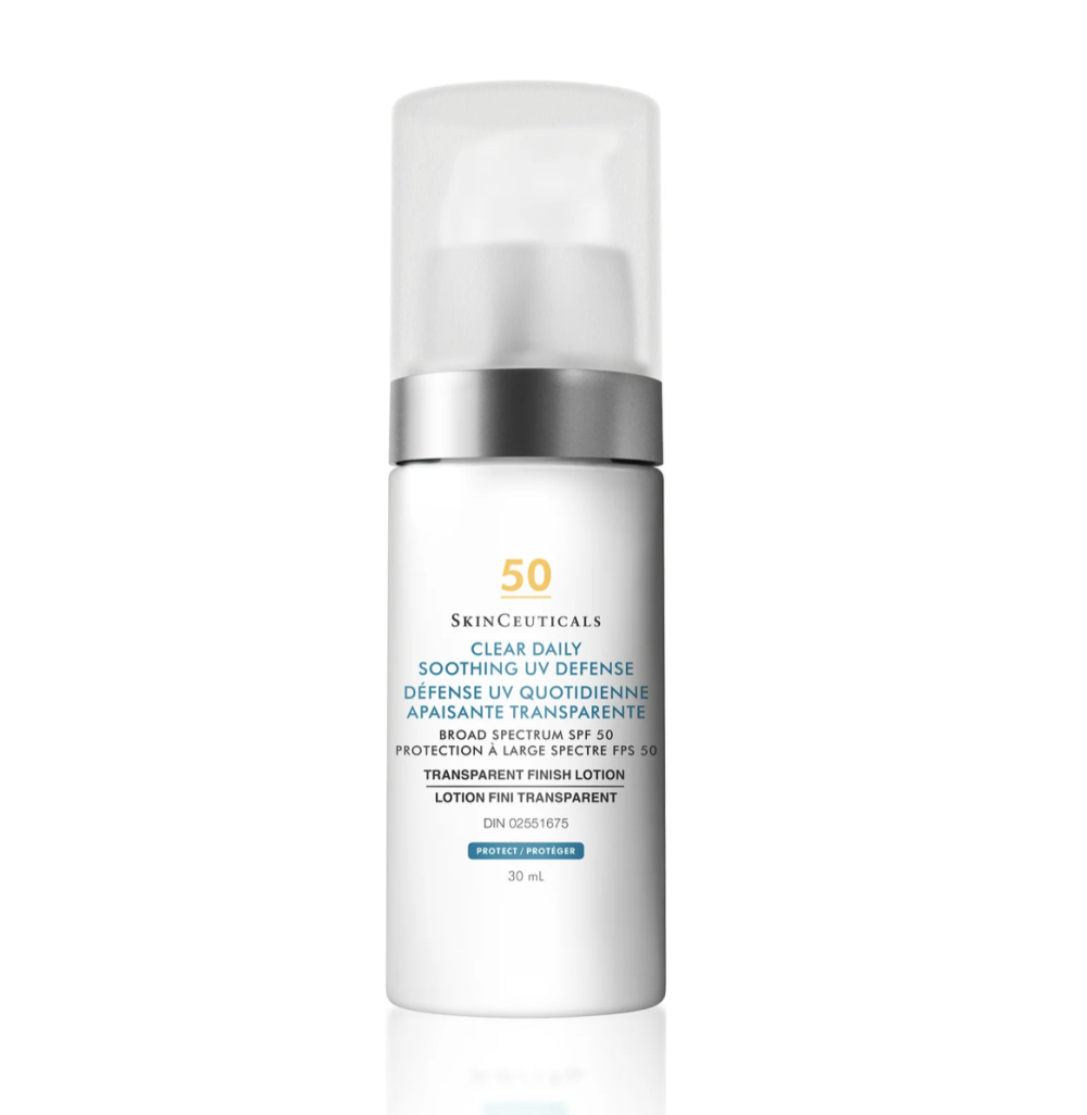 SkinCeuticals Calgary Sunscreen - SkinScience SkinCeuticals Clear Daily soothing UV Defense SPF 50 bottle with pump and white cap. - SkinScience